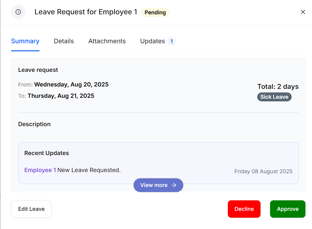 Approval workflow dashboard showing leave request status and manager notifications