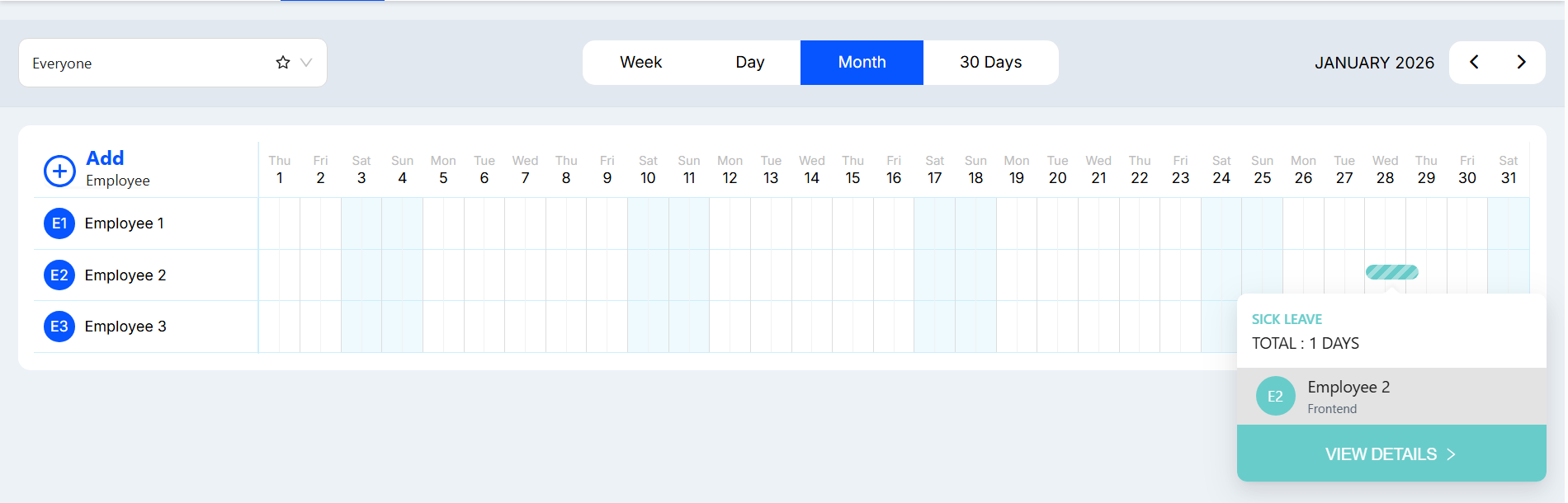 Visual Calendar Dashboard showing team leave schedule